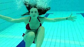 red swimwear on beautiful katy soroka babe in pool