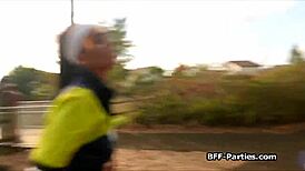 jogger besties share a stranger's big dick in a group scene.