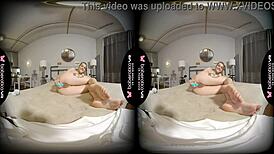 Amanda Clarke masturbating her shaved pussy in VR solo.