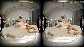 Amanda Clarke masturbating her shaved pussy in VR solo.