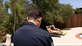 Slave eats cum from mistress's pussy after fucking, in POV humiliation scene.