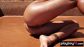 Petite latina strips naked in outdoor shower