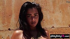 Petite latina strips naked in outdoor shower