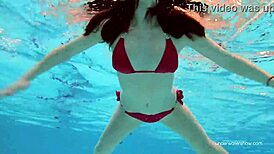 red swimwear on beautiful katy soroka babe in pool