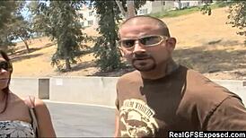 2 busty babes ride gigantic cock together