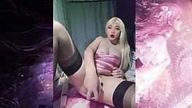 shemale in glitter pink tube top masturbates big dick
