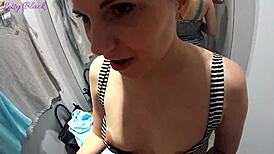 fitting room sex with store consultant, uh, i mean, ends with cum swallow... oops!