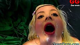 Euro Hoe Swallows Spunk In Bizarre Bukkake With Monster Cock And Heels