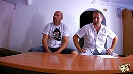 Is anal with one guy not enough? The blonde dives into a threesome!