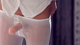 Toe Rings Adorn Tanned Feet In Pantyhose Tribbing And Massage