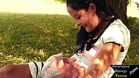 Amateur porn video shows young European teen rides grandfather's cock