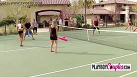 Swingers gather at tennis courts for raw group action and wild blowjobs. They mix and swap hard.