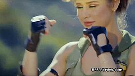 Kitana, Sonya, and Mileena share the dick in this foursome.