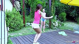 Cute virgin step sisters explore small bodies in outdoor lesbian fun 🌈