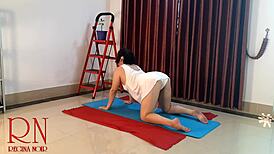 Want to see Regina Noir practicing nude yoga in white panties at the gym?