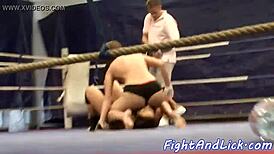 Naked Lesbian Babes Wrestle Without Stopping
