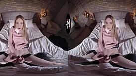 In the dark room VR, a woman with big ass and tits earns freedom through hardcore blowjob and handjob.