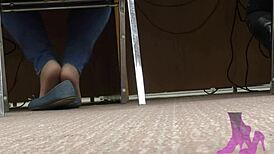 Wife candid library shoeplay nude nylons and blue jean flats intensely