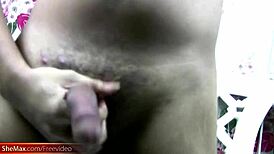 Thai ladyboy strokes her hairy shecock