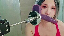 Twink expertly deepthroats the dildo machine in homemade scene.