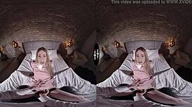 In the dark room VR, a woman with big ass and tits earns freedom through hardcore blowjob and handjob.