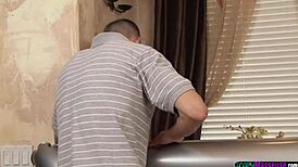 inked skinny masseuse expertly sucks hung client's big cock.