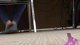 Wife candid library shoeplay nude nylons and blue jean flats intensely