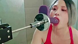 Twink expertly deepthroats the dildo machine in homemade scene.