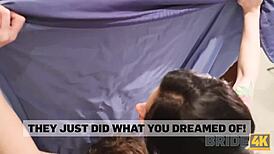 Intense Hotel Fuck with Brunette Girlfriend While Old Cuckold Watches