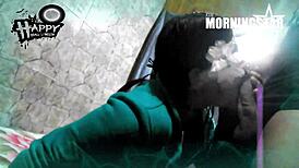 Couple celebrates Halloween early morning with endowed friend Ksal Morningstar, sucking his big black cock.