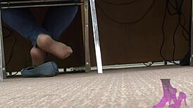 Wife candid library shoeplay nude nylons and blue jean flats intensely