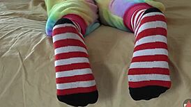 stripe socks critter in cosplay striptease