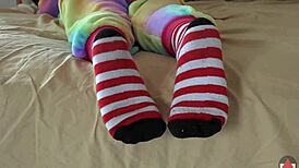 stripe socks critter in cosplay striptease