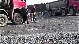 Hey, blonde petite girl banged in public threesome at construction site!