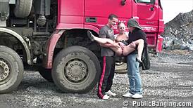Hey, blonde petite girl banged in public threesome at construction site!