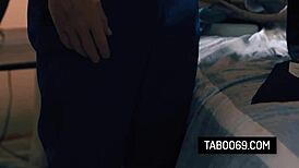 Asian MILF fucks stepson in husband's uniform