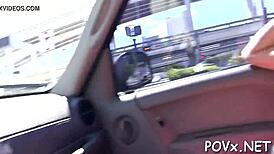 Lustful babe licks tits in pov blowjob before shower sex