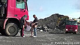 Hey, blonde petite girl banged in public threesome at construction site!