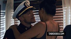 Asian MILF fucks stepson in husband's uniform