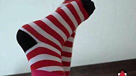 stripe socks critter in cosplay striptease