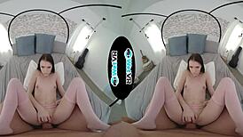 Helpful brunette girlfriend uses vibrator on monster cock in POV VR porn session.