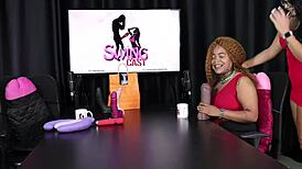 Black beauty demonstrates oral sex on dildo then takes big thick cock in sheer red lingerie