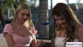 watch this brunette lesbian strip and lick her bff's shaved pussy?