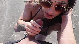 Hot brunette couple ise mah performs blowjob and fucking on public beach