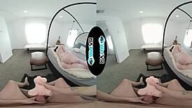 Helpful brunette girlfriend uses vibrator on monster cock in POV VR porn session.