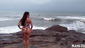 African latina pornstar masturbates on beach with fingering and big tits