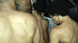 Friends bareback group sex with double penetration and cum, featuring Maax Puto Karioca, Donatto XL, Viny Paladin, Baixinho Puto, and Julio Alves