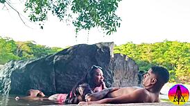 In the trailer, the brunette dances before getting banged by her lover in the public river, ending with cum in mouth.