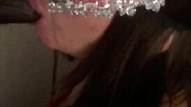 masked girl gives sloppy slow motion throat fuck