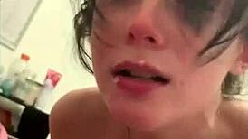 Watch this skinny slut suck cock? She takes it deep.